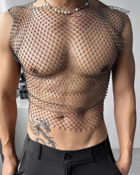 MEN’S RHINESTONE FISHNET TANK TOPS