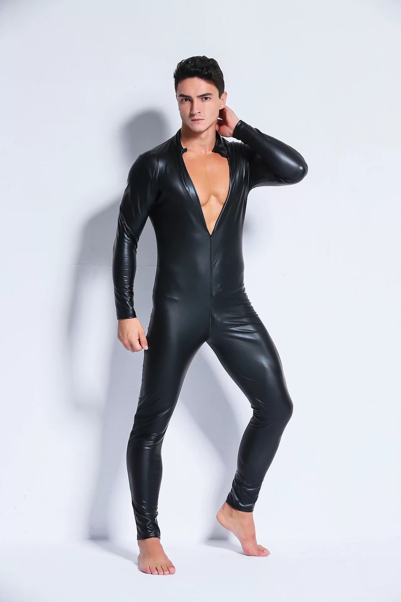 MEN’S FULL-BODY PU LEATHER ZIPPER JUMPSUIT