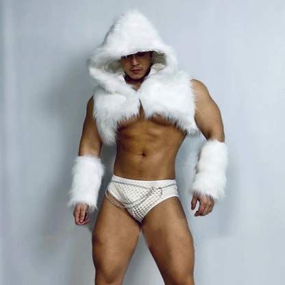 WHITE IMITATION FUR TOP AND BRIEFS MALE GOGO COSTUME PACK