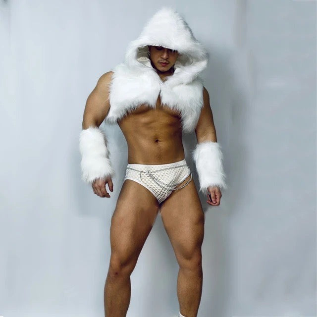 WHITE IMITATION FUR TOP AND BRIEFS MALE GOGO COSTUME PACK