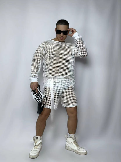 FISHNET SEE THROUGH  TOP AND SHORTS MALE GOGO COSTUME