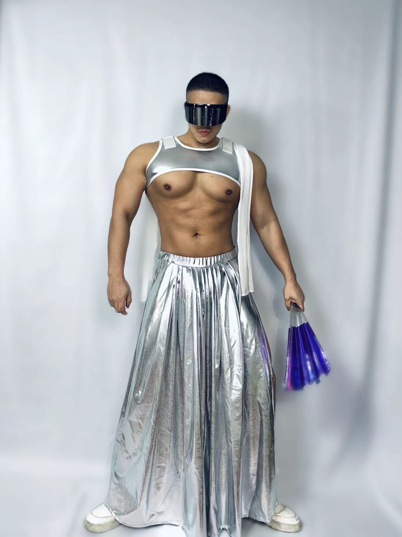 SHINY CROP TOP VEST AND SKIRT MALE GOGO COSTUME