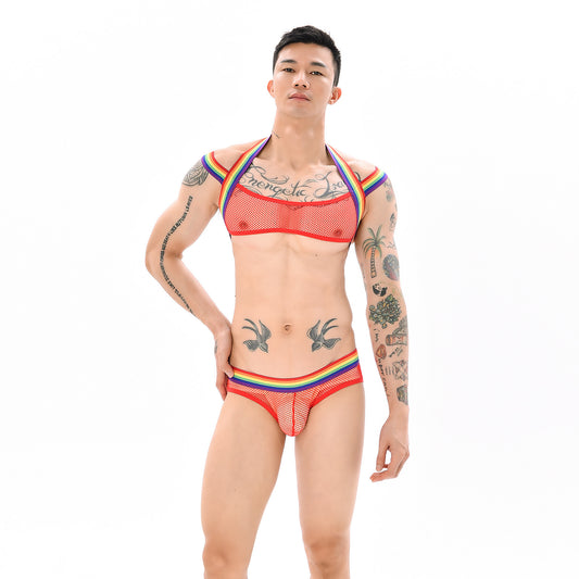MEN’S RAINBOW MESH HARNESS WITH MATCHING SEE-THROUGH BRIEFS