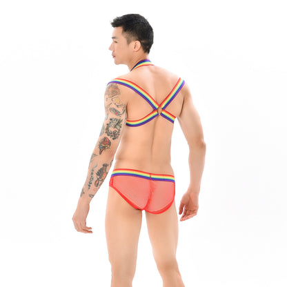 MEN’S RAINBOW MESH HARNESS WITH MATCHING SEE-THROUGH BRIEFS