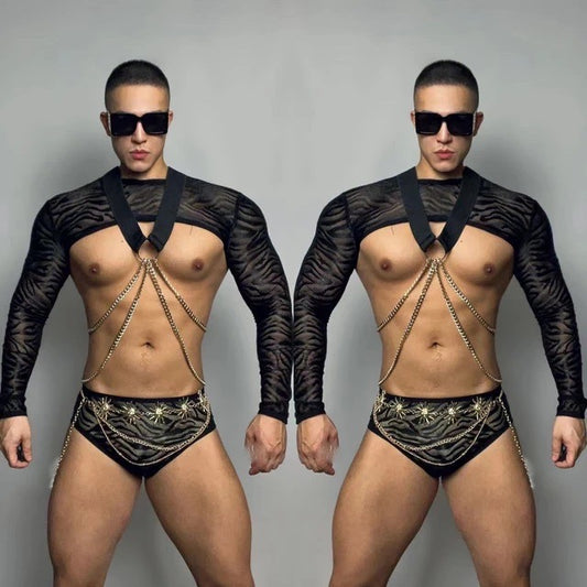 FULL-SLEEVE MESH CROP TOP AND HARNESS MALE GOGO COSTUME