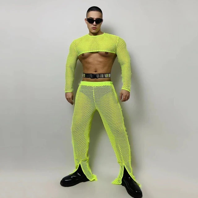 FISHNET CROP TOP AND SPLIT PANTS MALE GOGO COSTUME
